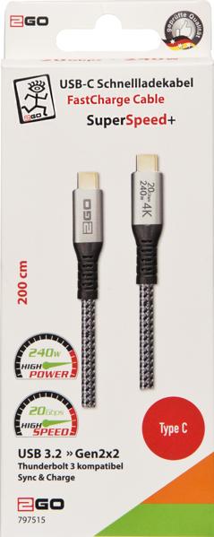 Immagine prodotto 2GO Cavo di ricarica veloce USB-C 240W 20Gbps Thunderbolt 2m (2 m, USB 3.2 Gen 2x2)