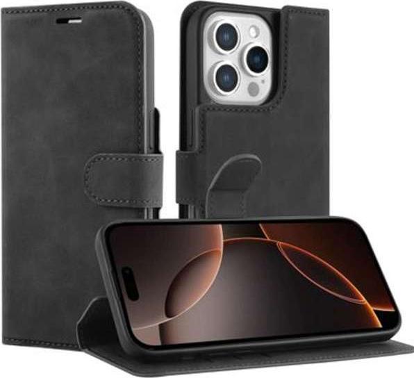 Just in Case Custodia a libro Premium in pelle di maiale nera per Apple iPhone 16 Pro (Apple iPhone 16 Pro)