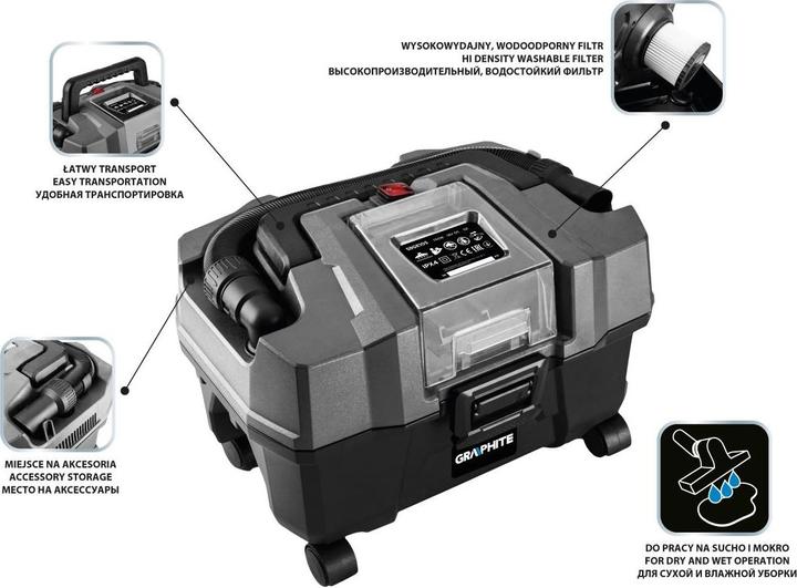 Actual product image Graphite Workshop vacuum cleaner Energy + 18V, Li-Ion, 10 L, without battery (Wet dry vacuum cleaner)