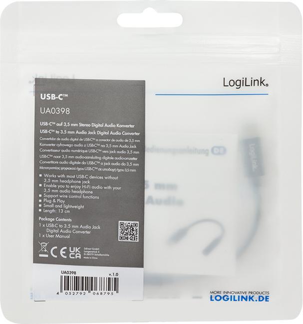 Produktbild LogiLink Cable USB-C to 3.5mm 0,13m Black (USB Typ C, USB Typ C)