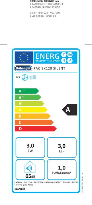 Label énergétique De'Longhi PAC EX120 Silent (44 m², 11500 BTU/h)