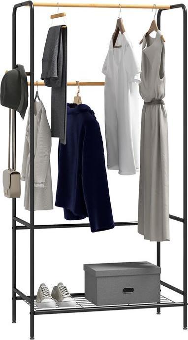 Produktbild Swisshandel24 Kleiderständer, 2 Kleiderstangen, Ablage & Haken, Bambus/Stahl, Schwarz