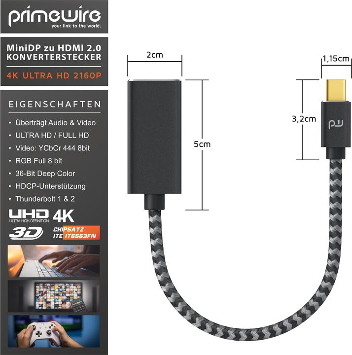 Produktbild Primewire 4K Mini Displayport zu Hdmi 2.0 Adapter, Mini DP Kabel, mDP Adapter, 4K@60Hz, Thunderbolt (0.15 m, HDMI)
