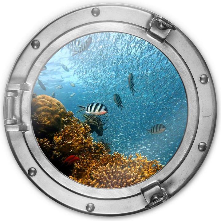 Image du produit Trenddeko rond 3D-optique hublot - monde sous-marin coloré - corail jaune (Ø 70 cm)