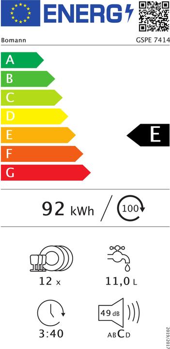Etichetta energetica Bomann Lavastoviglie GSPE 7414