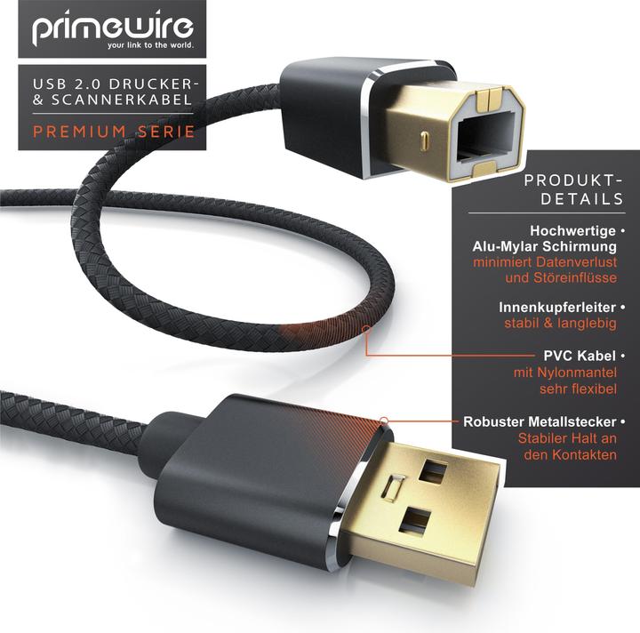 Produktbild Primewire USB Kabel 2.0, Druckerkabel Typ A auf Typ B Stecker, Scannerkabel mit Nylonmantel, Metallstecker (1 m, USB 2.0)