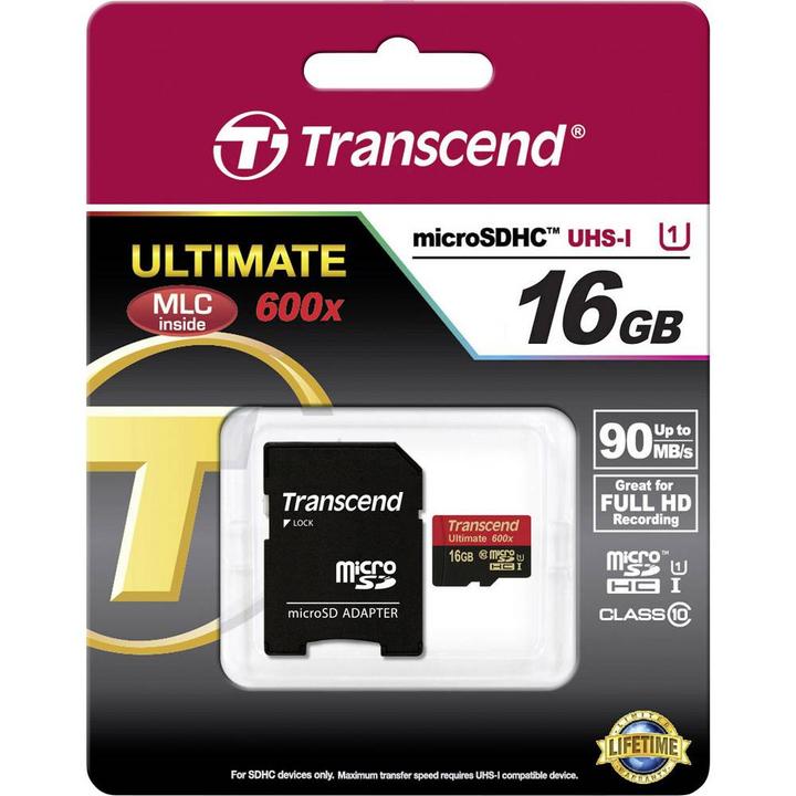 Produktbild Transcend microSDHC Ultimate 600x mit Adapter (16 GB, microSDHC, U1, UHS-I)