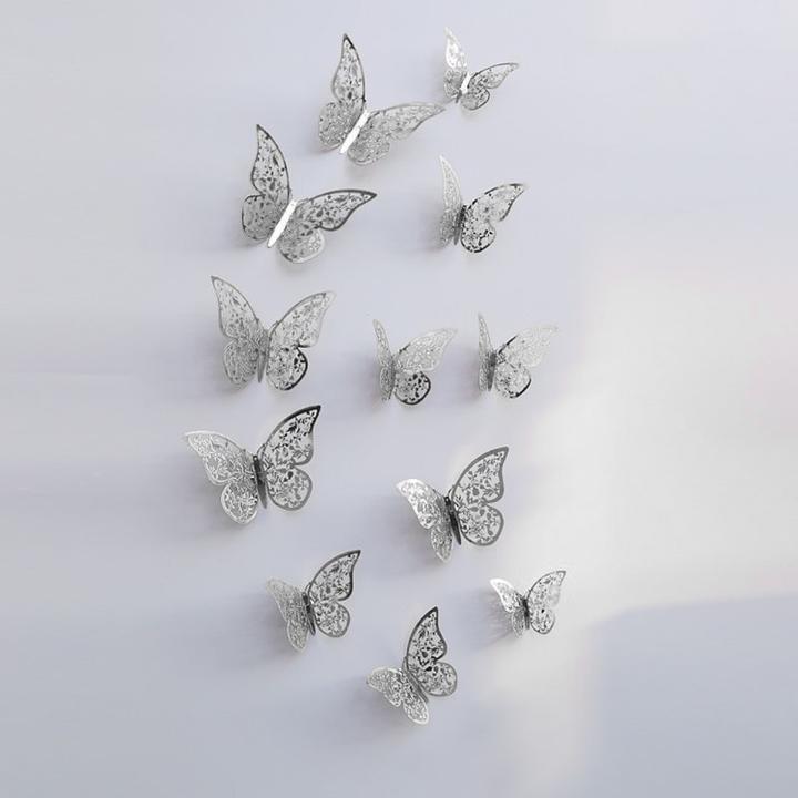 Produktbild JTI 12 Stück 3D-Schmetterlinge aus Metall, Wanddekoration - Blattsilber