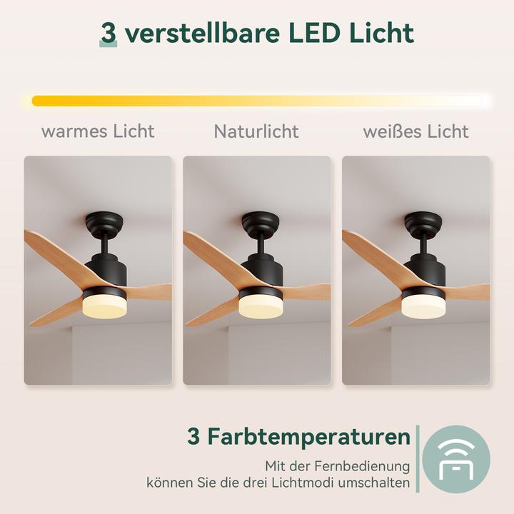 Produktbild SONNI Deckenventilator mit Licht und Fernbedienung, geräuschlos, 3 Farbtemperaturen, 119 cm, Schwarz (0 dB)