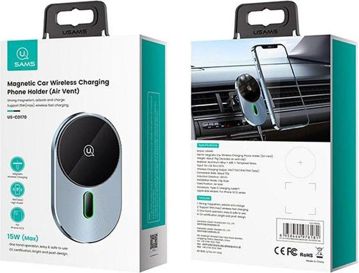 Actual product image Usams Uchwyt indukcyjny Magnetic Car Wireless Charging 15W do kratki went. szary/grey CD170DZ01 (US-