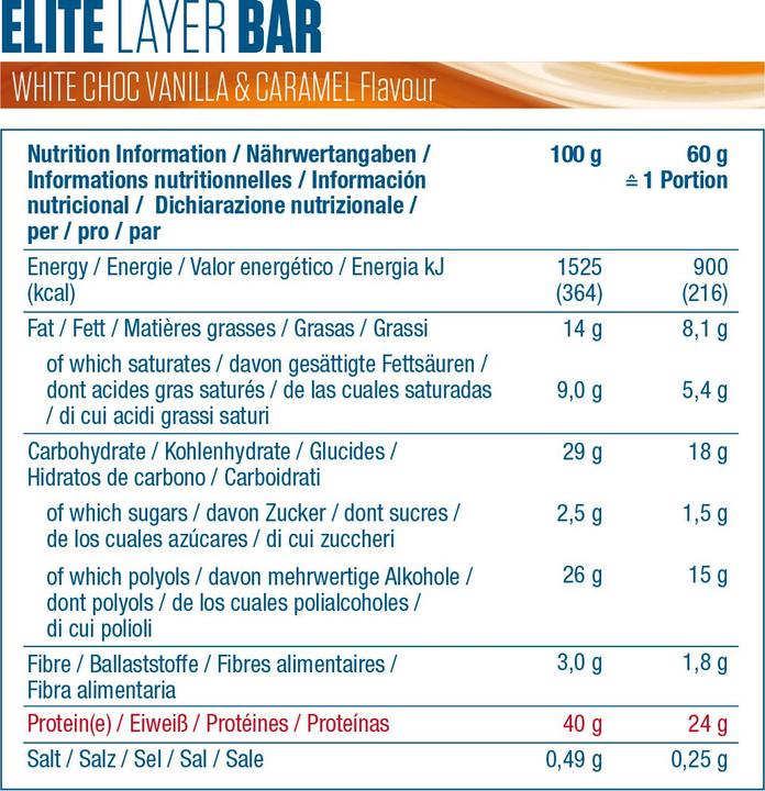 Produktbild Dymatize Elite Layer (Weisse Schokolade, Vanille, Caramel, 18 Stk., 1080 g)