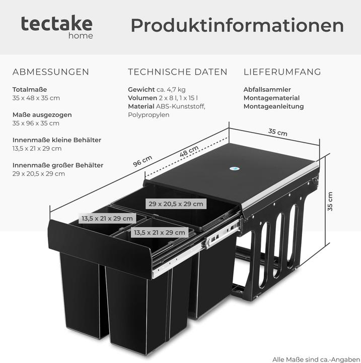 Image du produit tectake Abfallsammler Ashlyn, 3-fach Trennung, 31L, Teleskopschienen (31 l)