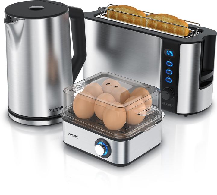 Arendo Breakfast set, kettle 1.5l temperature selection, 2-slice toaster & egg cooker for 8 eggs, silver