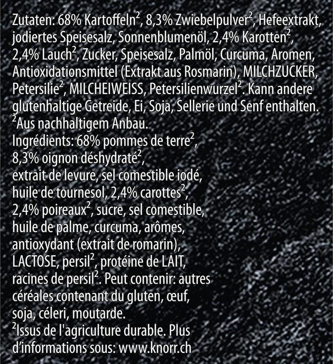 Valeurs nutritives et ingrédients Knorr Suprême Quick Soupe de pommes de terre aux poireaux, comme fraîche du jardin, vite préparée