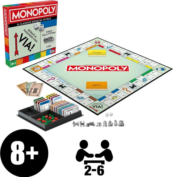 Produktbild Monopoly Brettspiel mit Aufbewahrungsfach und grösseren Spielfiguren (Italienisch)