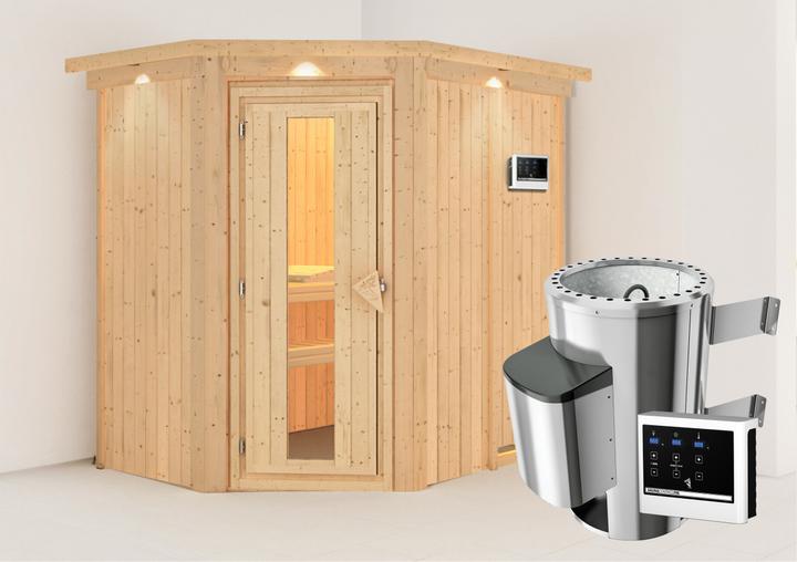 Produktbild Karibu Sauna Caspin Eckeinstieg, Kranz (Plug & Play 3,6 KW externe Steuerung)