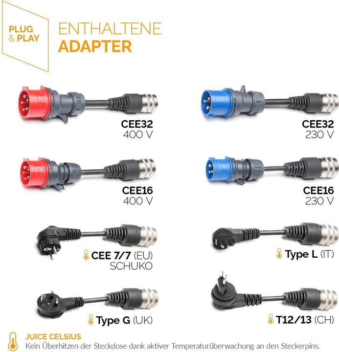 Image du produit Juice Technology Juice Booster 2 UE Traveller Set (Type 2, 22 kW, 32 A, CEE16 rouge, CEE32 rouge, CEE16 bleu, BS 1363, CEI 23, CEE 7/7, Type 13, CEE32 bleu)