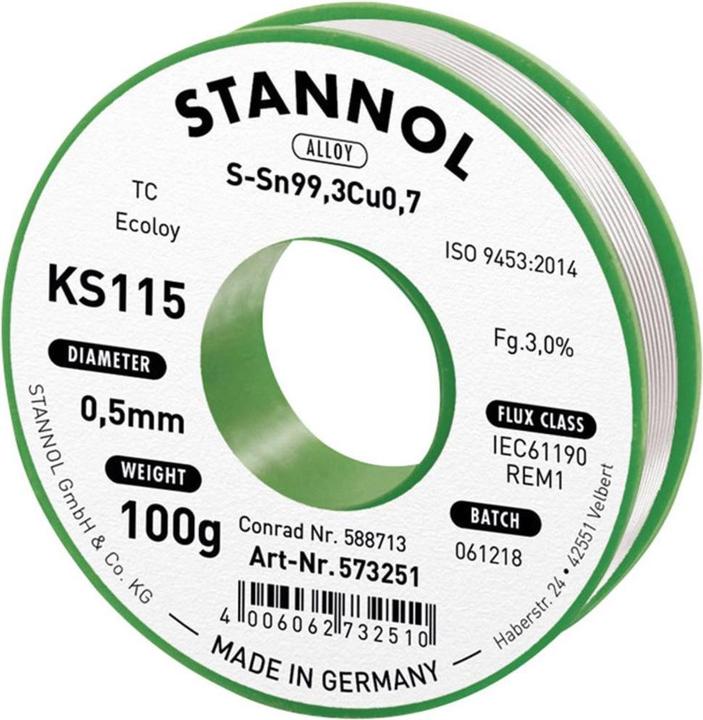 Produktbild Stannol KS115 Lötzinn, bleifrei Spule Sn99,3Cu0,7 ROM1 100 g 0.5 mm (Lötspulenkit)
