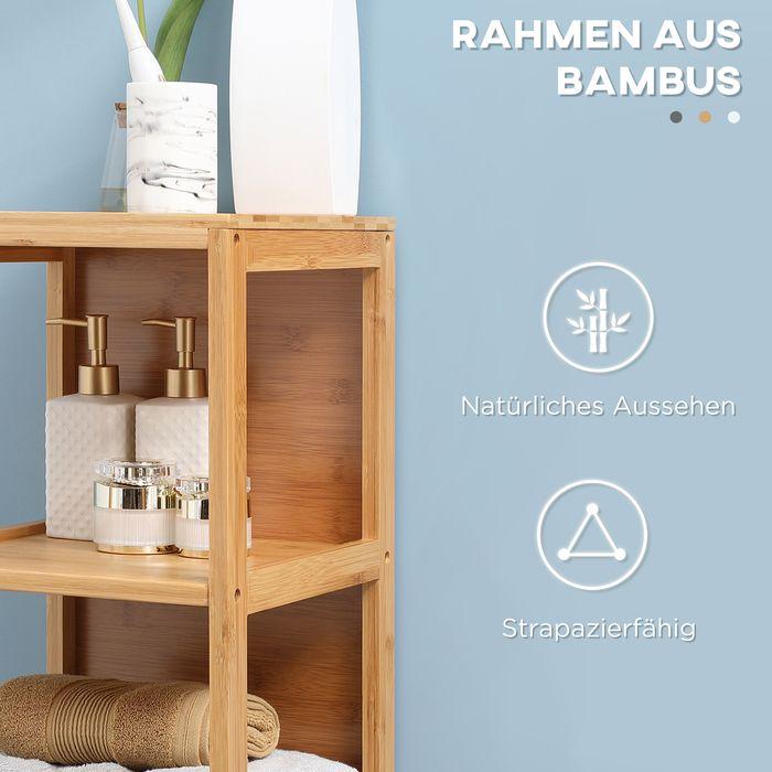 Immagine prodotto Swisshandel24 Mobile da bagno in bambù, 3 ripiani, 2 cassetti, protezione antiribaltamento (30 x 30 x 140 cm)