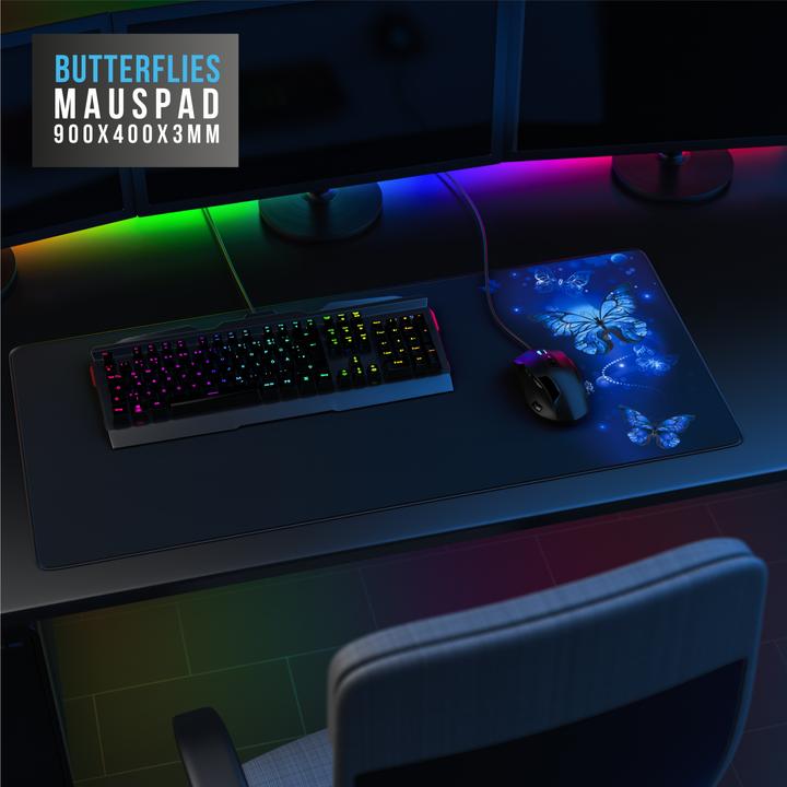 Produktbild CSL Gaming Mauspad, XXL, 900 x 400 x 3 mm, Mausmatte, extralarge, waschbar, Schmetterlinge (XXL)