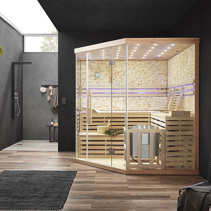 Produktbild Home Deluxe Indoor Sauna CASHEIM BIG XL - 200 x 200 cm für 6 Personen - Traditionelle Sauna mit Kunststeinwand m