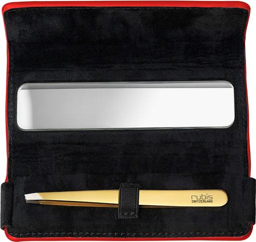 Actual product image Rubis Tweezers Shiny with case, oblique, gold