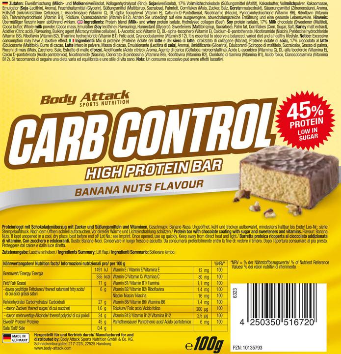 Valeurs nutritives et ingrédients Body Attack Carb Control (15x100g barre) (Croustillant au beurre de cacahuète, 15 pcs)