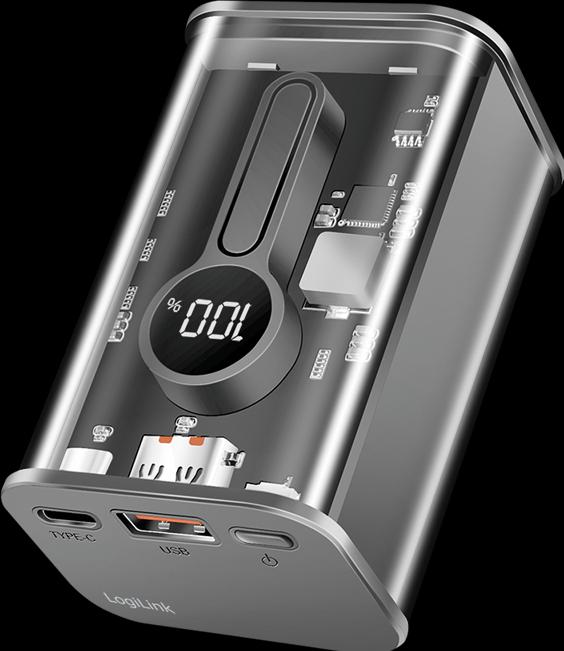 Actual product image LogiLink Powerbank 10000 mAh, 1x USB-A, 1x USB-C, with display, PD & QC, transp. (10000 mAh, 20 W, 37 Wh)