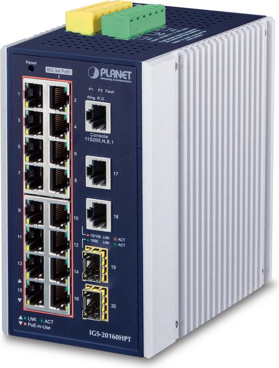 Actual product image Planet Industrial 16-Port 10/100/1000T PoE Switch 2-Port Gigabit Uplink + 2-Port Gigabit SFP Uplink managed (16 Ports)