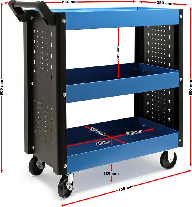 Immagine prodotto Wiltec Servante d'atelier 3 Niveaux Poignée Roues plastique Frein Étagère Rangement Bord surélevé Chariot (3 x)