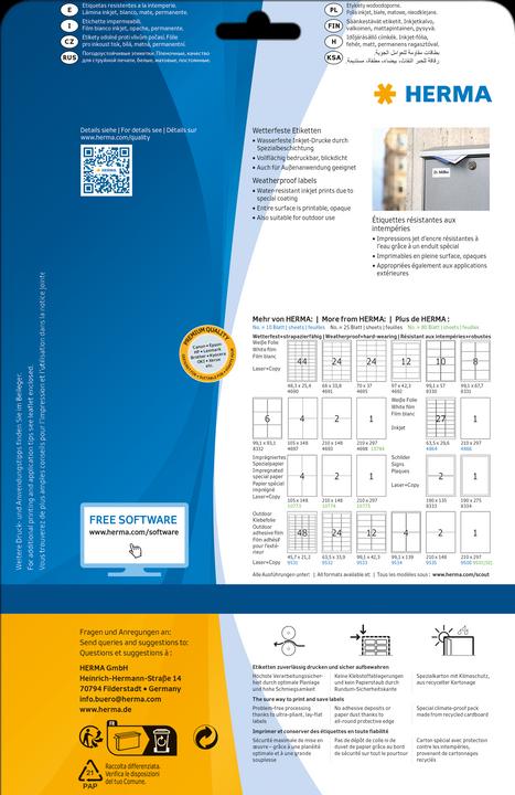 Produktbild HERMA Wetterfeste Inkjet Versandetiketten A4