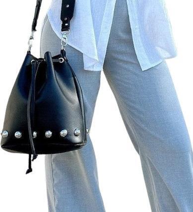 Actual product image Only-Bags.Store Black Leather Bucket Bag, Studded Leather Bag, Shoulder Bag, Crossbody Bag, Full Grain Leather