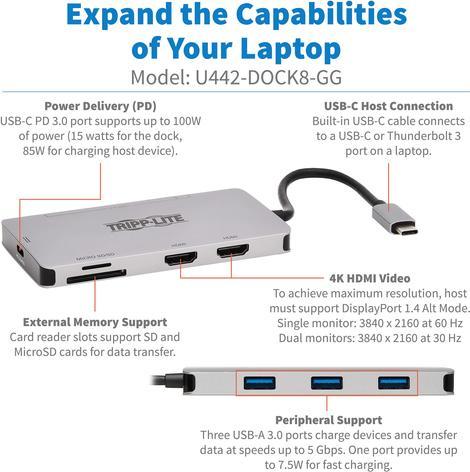Actual product image Eaton USB-C Dock Dual Display - 4K 60Hz HDMI USB 3.2 Gen 1 USB-A Hub Memory Card 100W PD C (USB-C, 2 Ports)