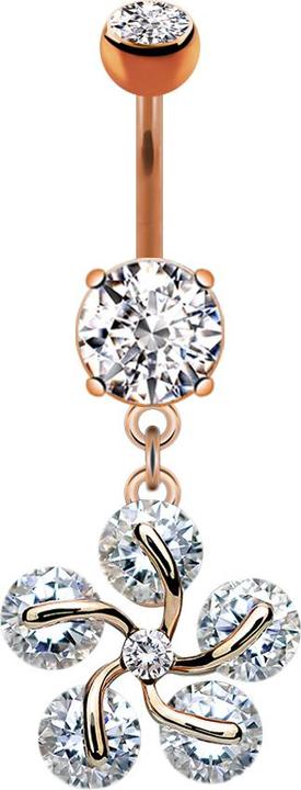 Produktbild Star Piercing Banane rosegold mit zwei Kugeln Kristall silber Anhänger fünf Kristall Blütenblätter (Chirurgenstahl 316L, Messing)