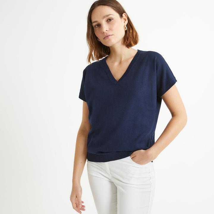 Actual product image Anne Weyburn Fine knit jumper with V-neck and short sleeves (42)
