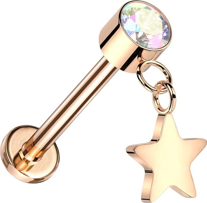 Produktbild Star Piercing Micro Threadless Labret rosegold Zylinder rosegold Kristall multicolor Anhänger Stern rosegold (Titan G23, ohne Messing)