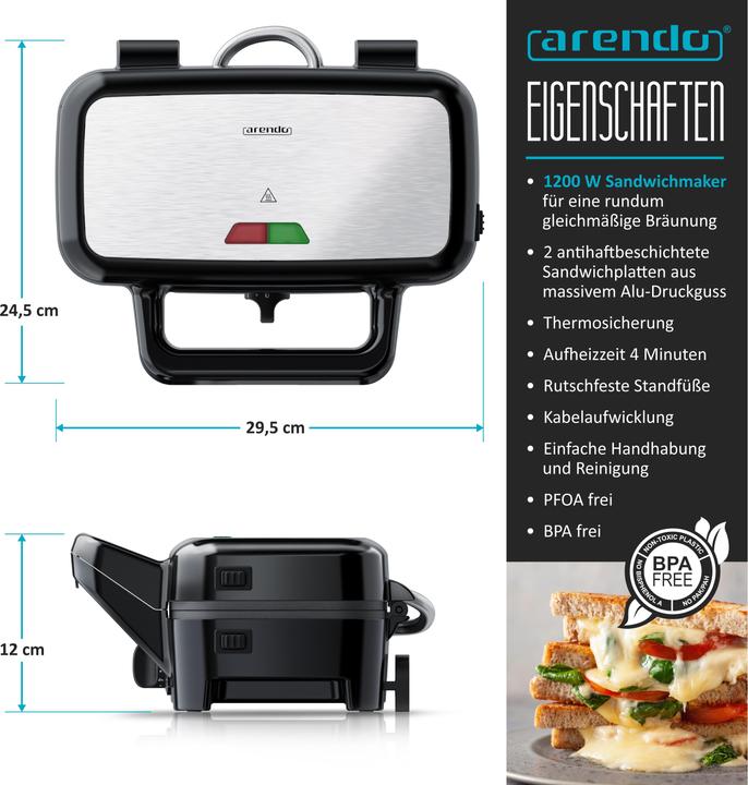 Immagine prodotto Arendo Sandwich maker 1200 W, rivestimento antiaderente, tostapane per grandi toast con piastre rimovibili