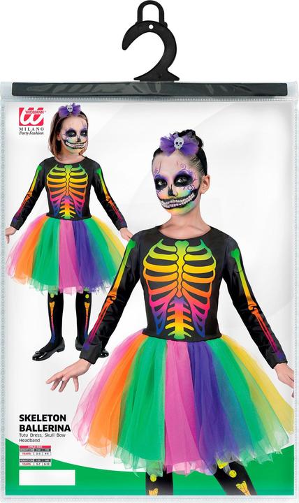 Produktbild Widmann Skelett Ballerina Kleid mit Tutu, Haarreif mit Schleife und Totenkopf (128)