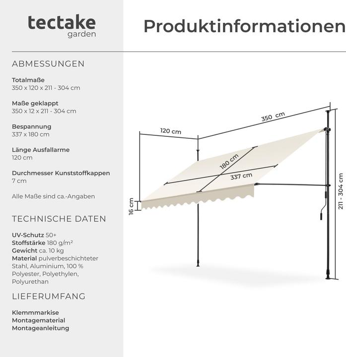 Produktbild tectake Klemmmarkise mit Handkurbel (3.50 m)