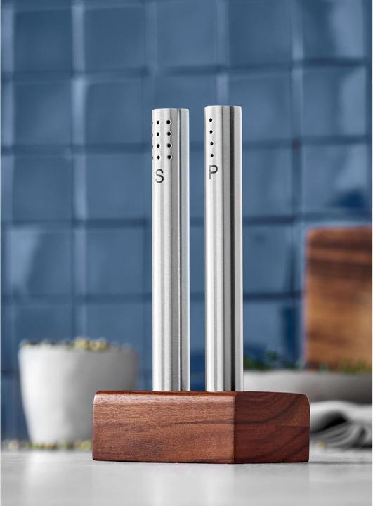 Immagine prodotto WMF Set saliera e pepiera 3 pezzi Cromargan in acciaio inox finitura opaca con supporto in legno (Sale, Pepe)