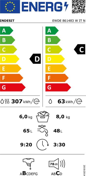 Energie-Label Indesit BDE 861483X WK IT N Waschtrockner Freistehend Frontlader Weiss D