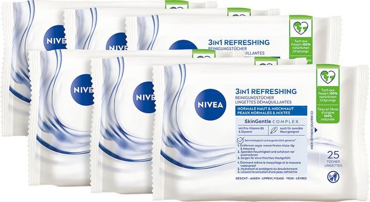 Immagine prodotto NIVEA Salviette detergenti 3in1 rinfrescanti Multipack 6 x 25 pezzi (Panni pulizia)