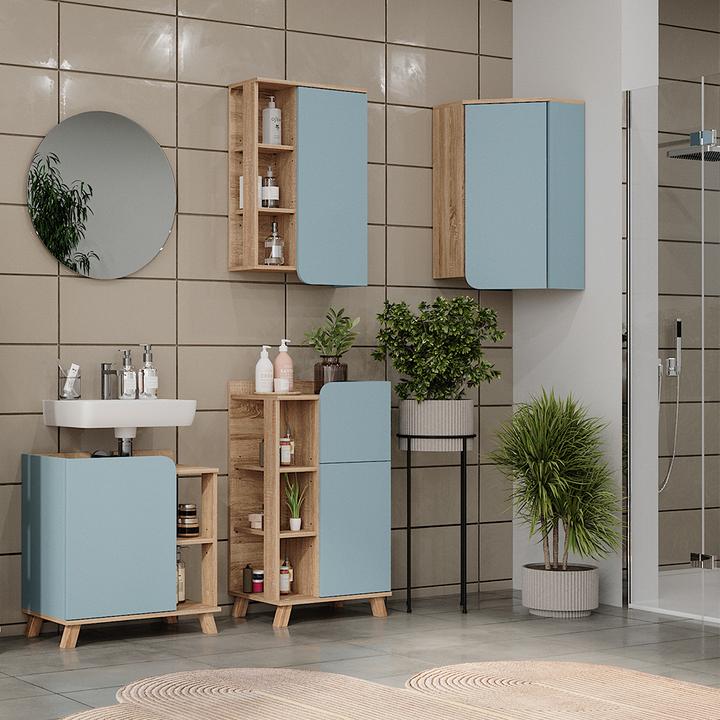 Produktbild Vicco Badschrank Karen, Blau-Grau/Sonoma, 50 x 75 cm mit Tür und offenen Fächern