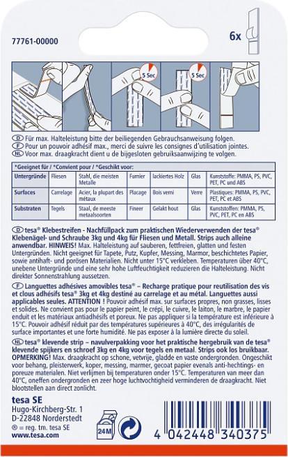 Produktbild tesa Powerstrips für Fliesen & Metall, 3kg Halteleistung, 6x doppelseitige Klebestreifen