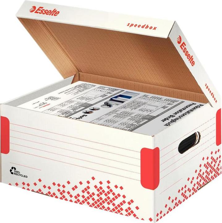 Produktbild Dymo Esselte Archiv-Klappdeckelschachtel SPEEDBOX, DIN A4, weiss/rot, für DIN A4+ Format, aus 100% (A4)