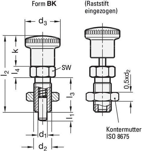 Produktbild Ganter Rastbolzen GN 817 d1 8 mm d2 M 16 x 1,5 mm l1 12 mm Stahl, ohne Rastsperre, mit Kontermutter (Türknopf)