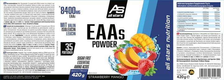 Valeurs nutritives et ingrédients All Stars EAAs Powder (Mangue, Fraise, 1 pcs, 400 g)