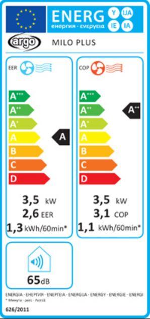 Energie-Label Argo Milo Plus (35 m², 13000 BTU/h)