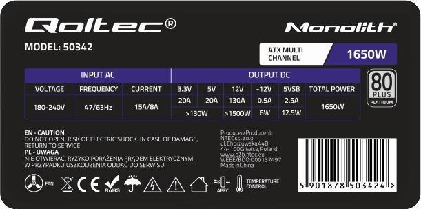Immagine prodotto Qoltec Wydajny Zasilacz ATX 1650W | 80 Plus Platinum (1650 W)