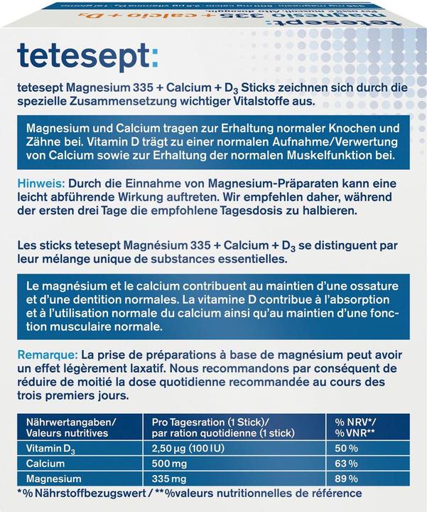 Nährwerte und Zutaten Tetesept Magnesium 335 Calcium + D3 (20 Stück, Pulver, Beutel, Sachet, 175 g)